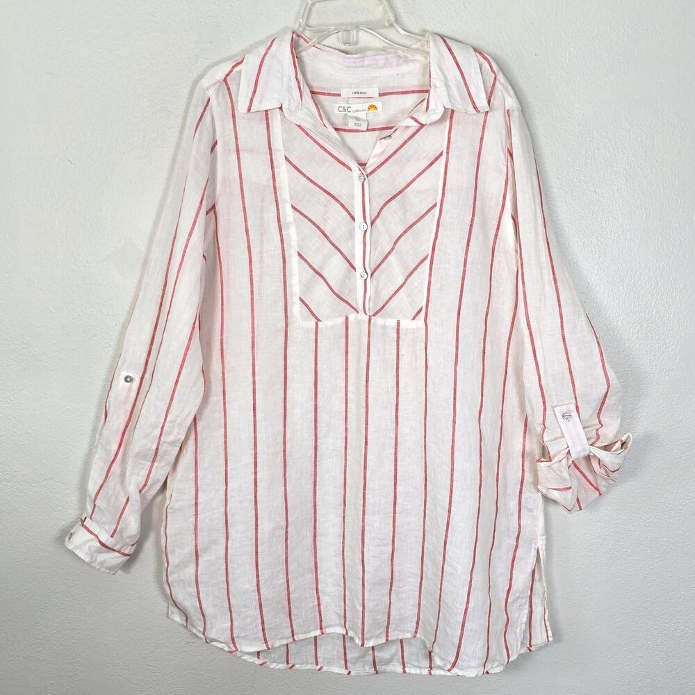 C&C California Linen Tunic Top Women L Cream Red Stripe Coastal Summer Wardrobe